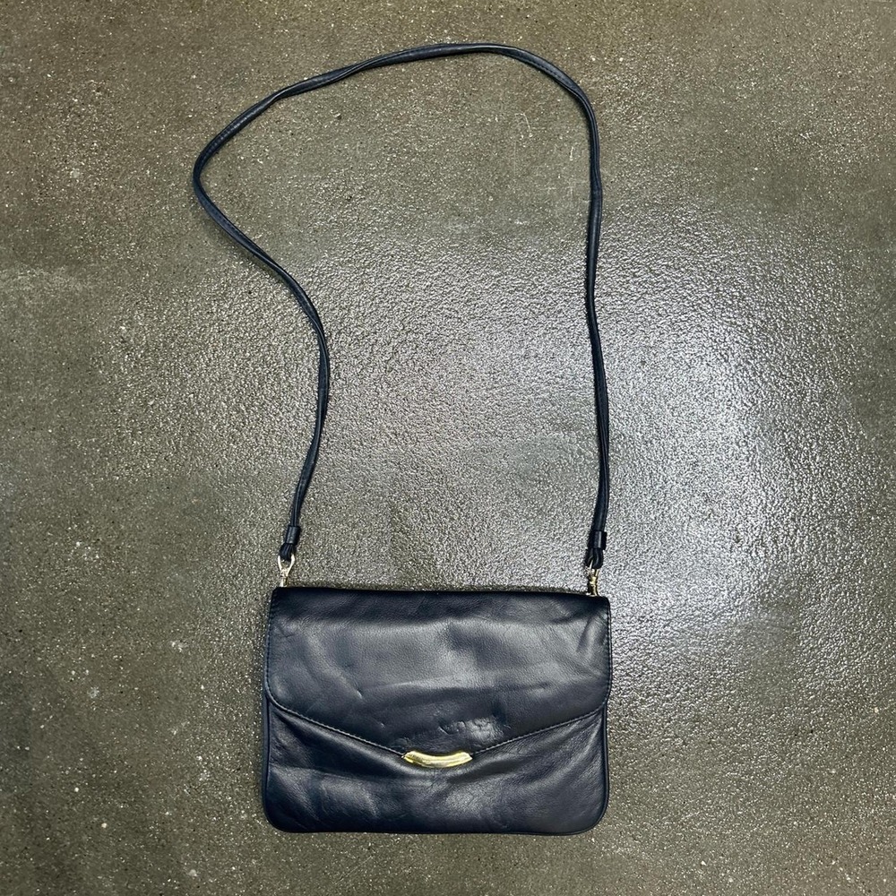 Vintage‎ US Pat Black Leather Fold Over Crossbody Purse